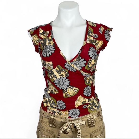 Vintage Y2K Janette Red Floral Oriental Fan Print Tie Back Blouse Top Size Small - Picture 1 of 7